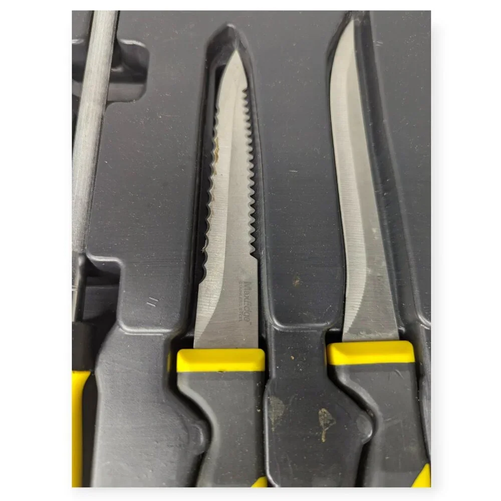 Stanley Yellow Handled 3 Knife Set with Cutting Board & Black Plastic Case